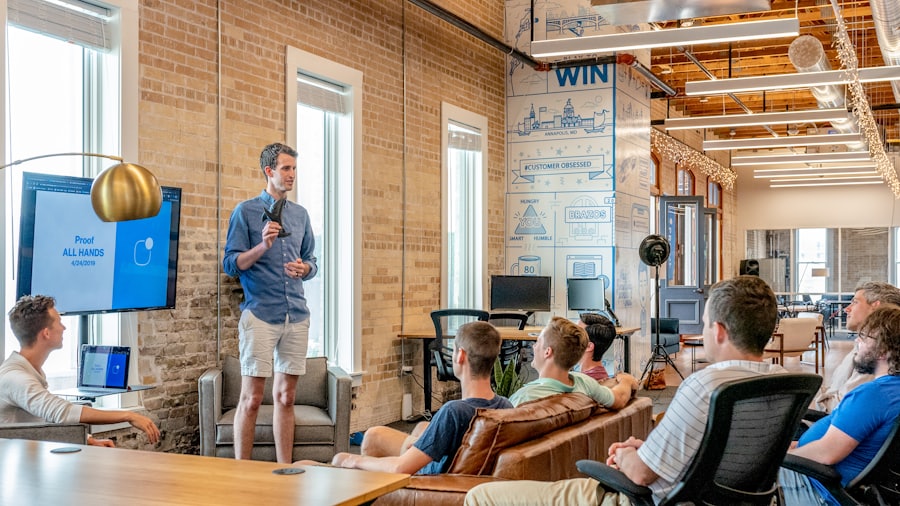 Professional services team meeting in a modern office